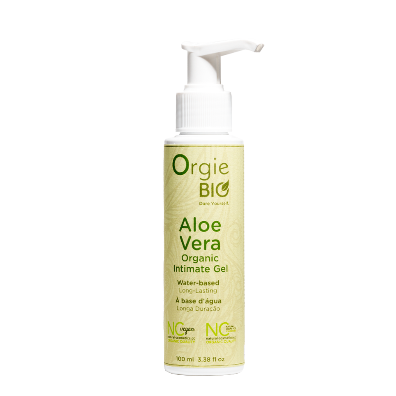 Orgie Bio Aloe Vera Intimate Gel 100ml bottle with a sleek design, showcasing its natural ingredients and water-based formula.