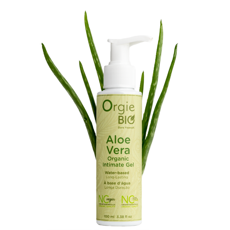 Orgie Bio Aloe Vera Intimate Gel 100ml bottle with a sleek design, showcasing its natural ingredients and water-based formula.