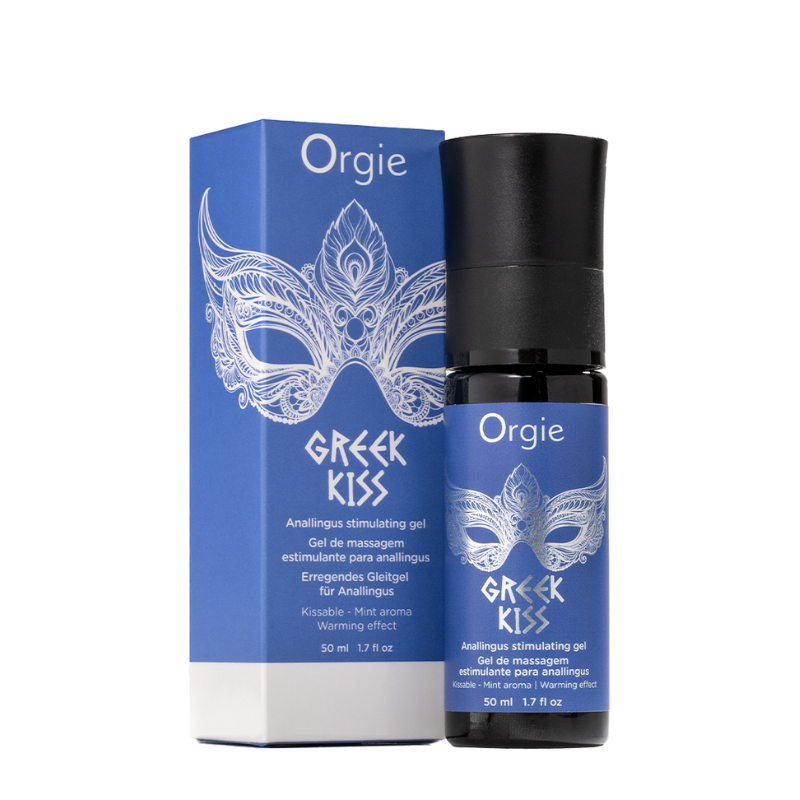 Orgie Greek Kiss Anallingus Stimulation Gel 50ml bottle with minty scent, designed for analingus and enhancing pleasure.