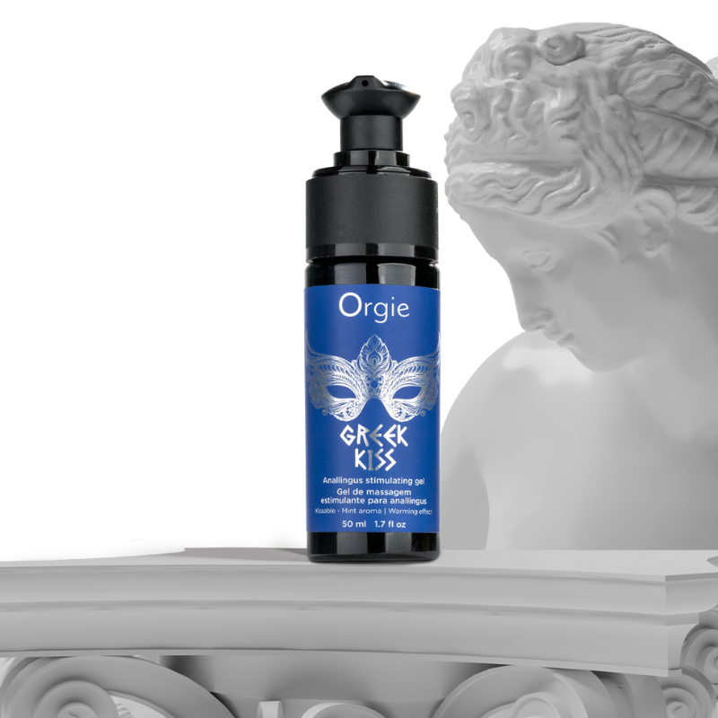 Orgie Greek Kiss Anallingus Stimulation Gel 50ml bottle with minty scent, designed for analingus and enhancing pleasure.