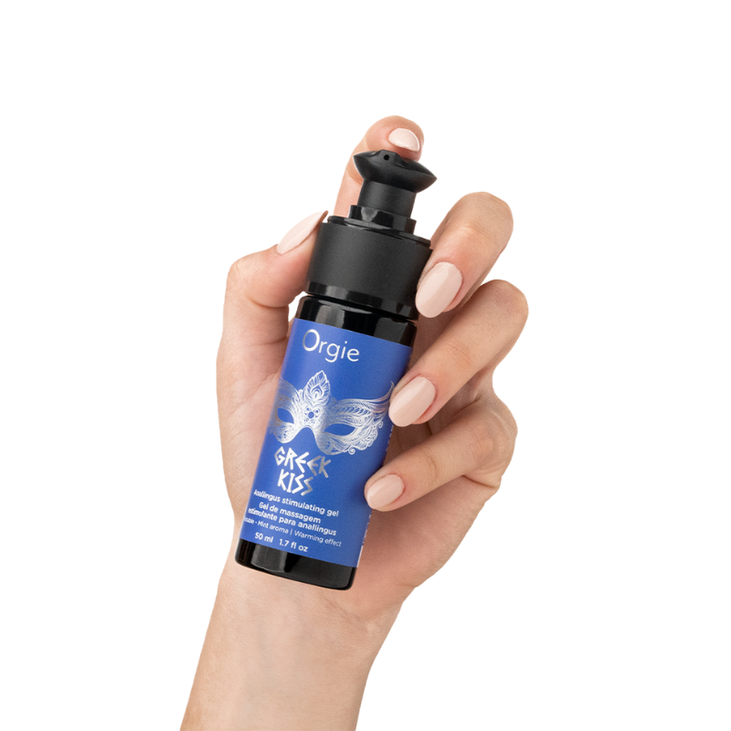 Orgie Greek Kiss Anallingus Stimulation Gel 50ml bottle with minty scent, designed for analingus and enhancing pleasure.