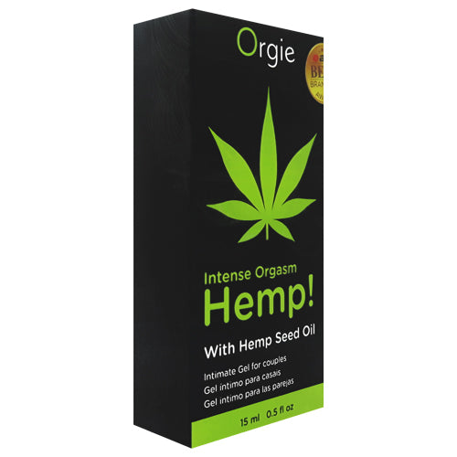 Orgie Intense Orgasm Hemp! Stimulating Gel 15ml bottle with a sleek design, showcasing its vibrant packaging and product details.