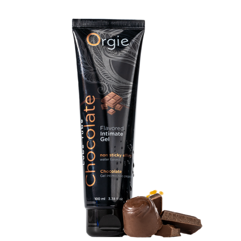 Orgie Lube Tube Chocolate 100ml, a water-based lubricant with a rich chocolate flavor, perfect for enhancing intimate moments.