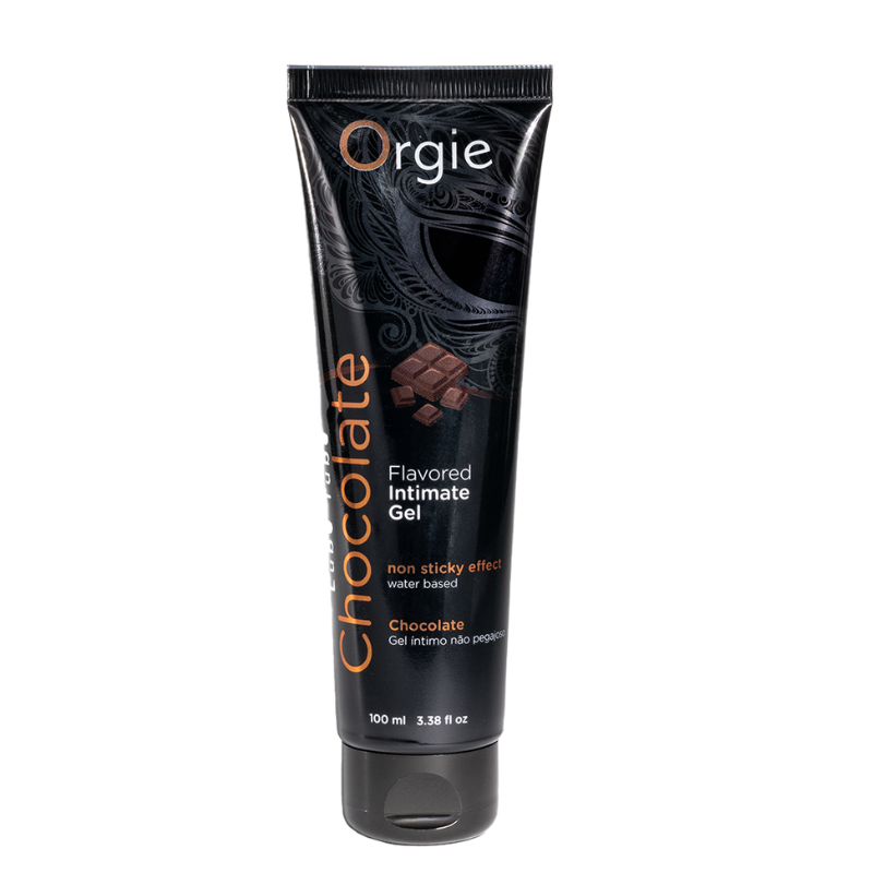 Orgie Lube Tube Chocolate 100ml, a water-based lubricant with a rich chocolate flavor, perfect for enhancing intimate moments.