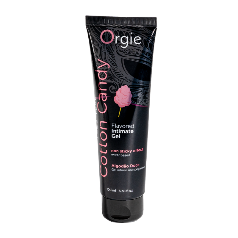 Orgie Lube Tube Cotton Candy 100ml, a water-based intimate gel with a sweet cotton candy flavor, perfect for enhancing intimate moments.