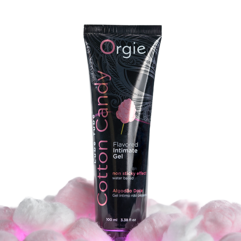 Orgie Lube Tube Cotton Candy 100ml, a water-based intimate gel with a sweet cotton candy flavor, perfect for enhancing intimate moments.