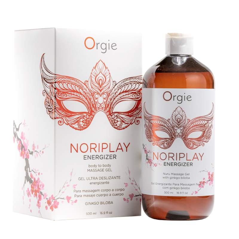 Orgie Noriplay Energizer Massage Gel 500ml bottle with a sleek design, perfect for sensual massages.