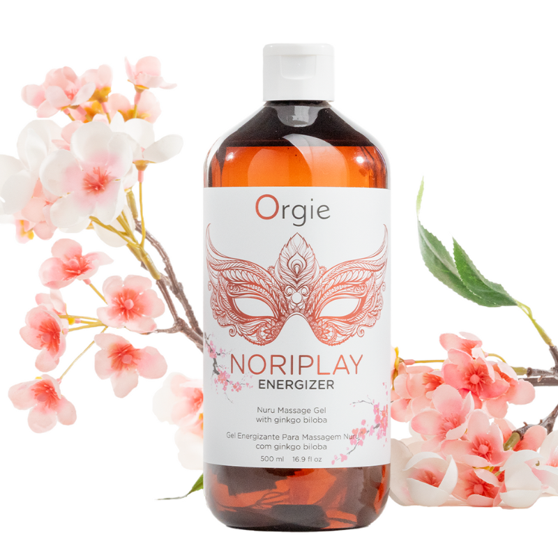 Orgie Noriplay Energizer Massage Gel 500ml bottle with a sleek design, perfect for sensual massages.