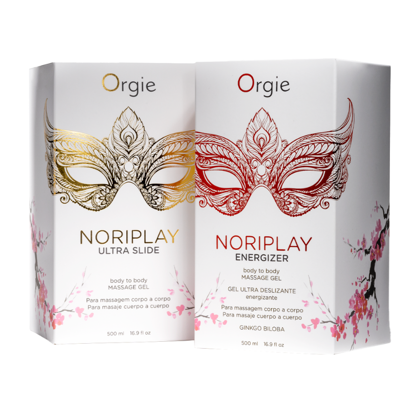 Orgie Noriplay Energizer Massage Gel 500ml bottle with a sleek design, perfect for sensual massages.