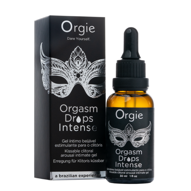 30ml bottle of Orgie Orgasm Drops Intense Clitoral Arousal gel with a sweet red apple flavor, designed for enhanced clitoral stimulation.