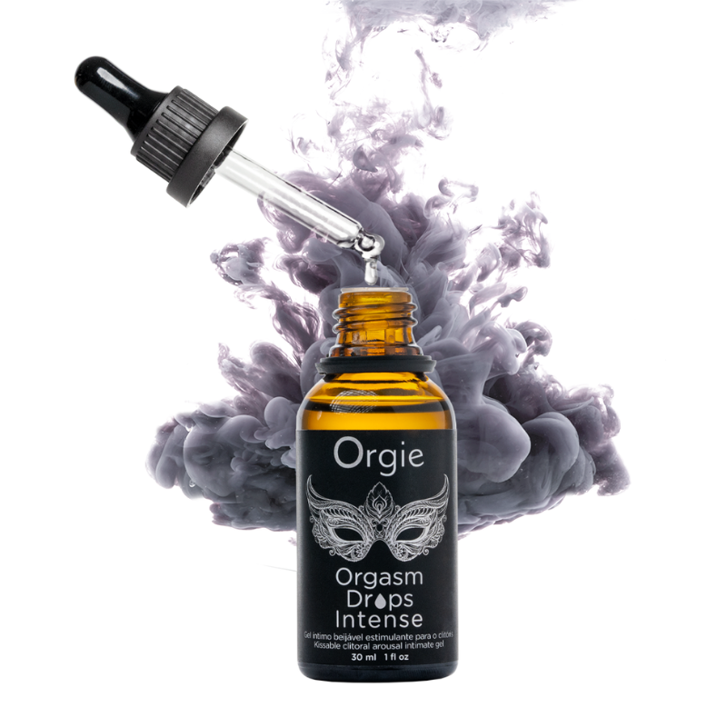 30ml bottle of Orgie Orgasm Drops Intense Clitoral Arousal gel with a sweet red apple flavor, designed for enhanced clitoral stimulation.