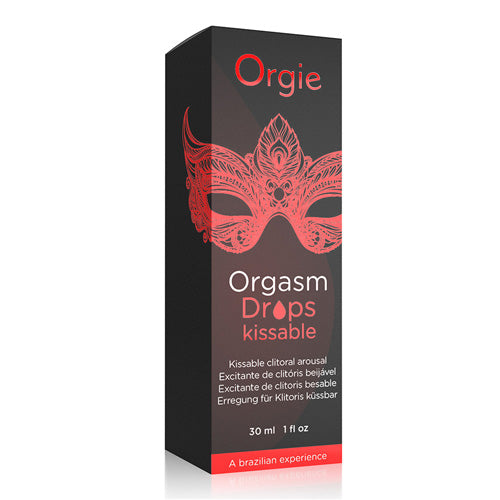 Orgie Orgasm Drops Kissable Gel 30ml bottle with a sleek design, showcasing its paraben-free formula for female pleasure.