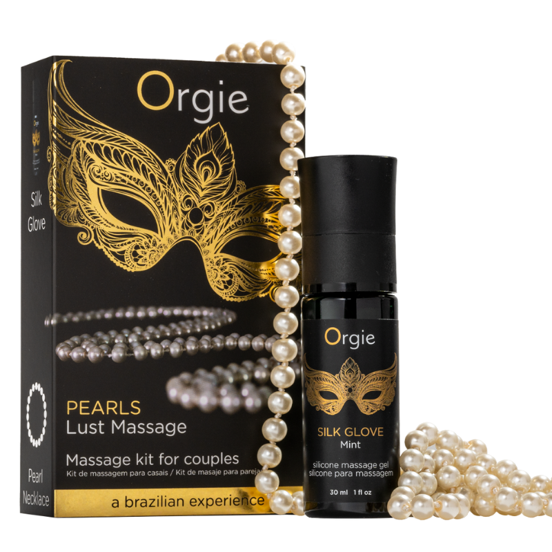 Orgie Pearls Lust Massage Kit for Couples featuring Silk Glove Mint Massage Gel, a silky glove, and a pearl necklace for intimate massages.