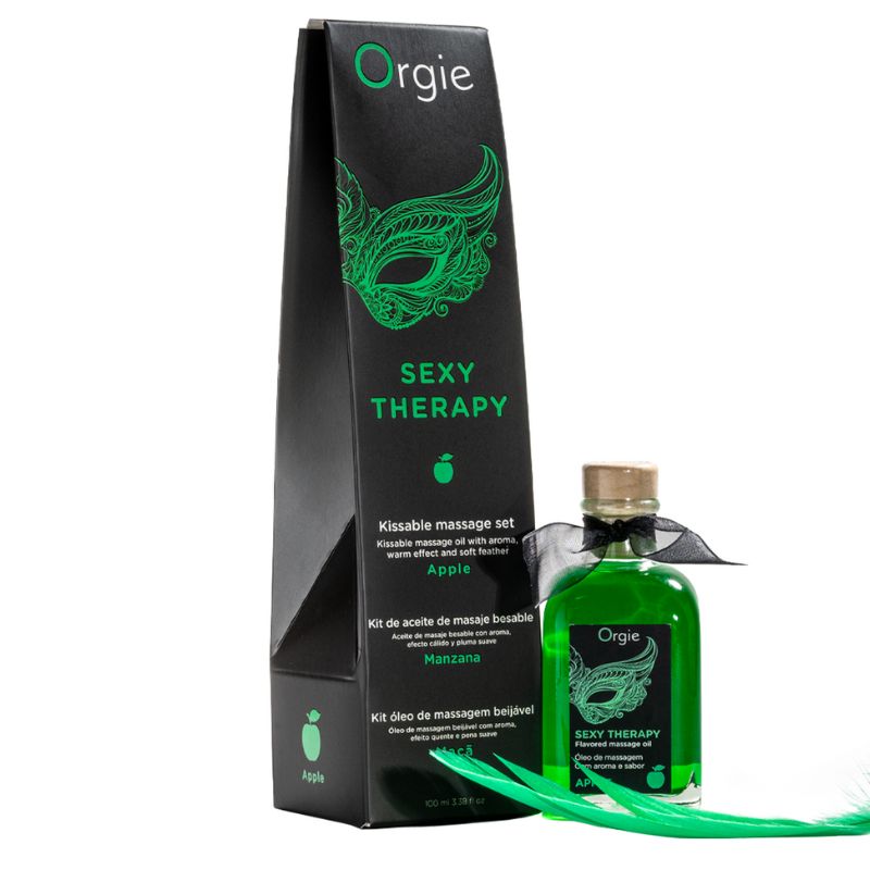 Orgie Sexy Therapy Massage Kit Apple 100ml featuring a sleek bottle with a vibrant apple design, perfect for sensual massages.