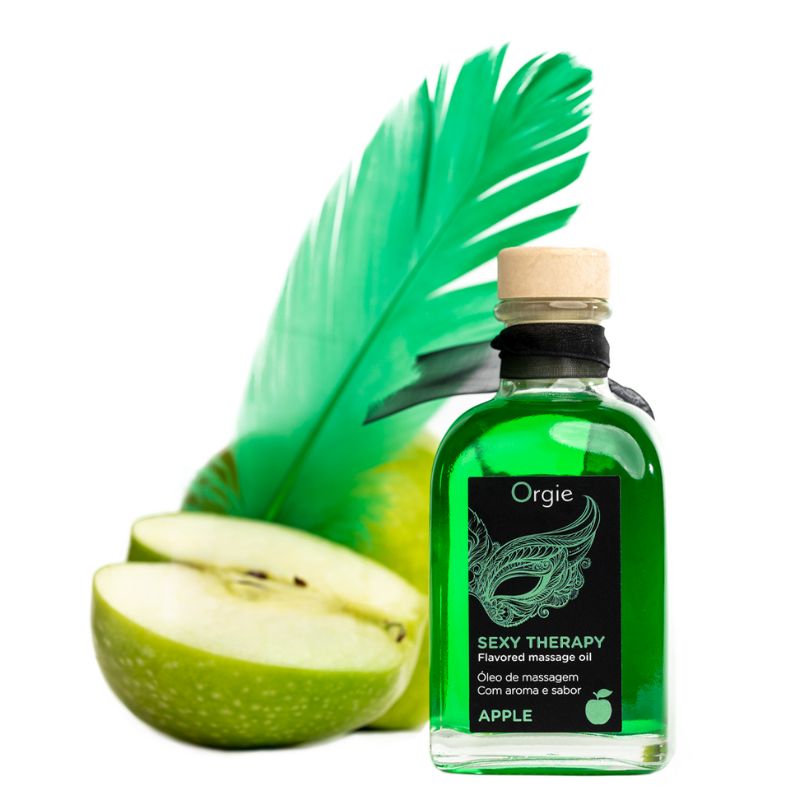 Orgie Sexy Therapy Massage Kit Apple 100ml featuring a sleek bottle with a vibrant apple design, perfect for sensual massages.