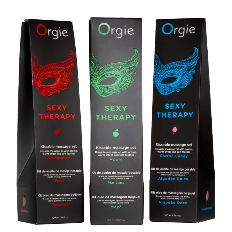 Orgie Sexy Therapy Massage Kit Apple 100ml featuring a sleek bottle with a vibrant apple design, perfect for sensual massages.