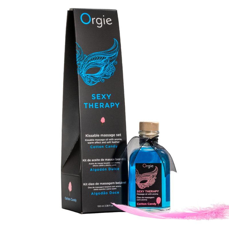 Orgie Sexy Therapy Massage Kit featuring cotton candy aroma, 100ml bottle with a playful design, perfect for intimate massages.