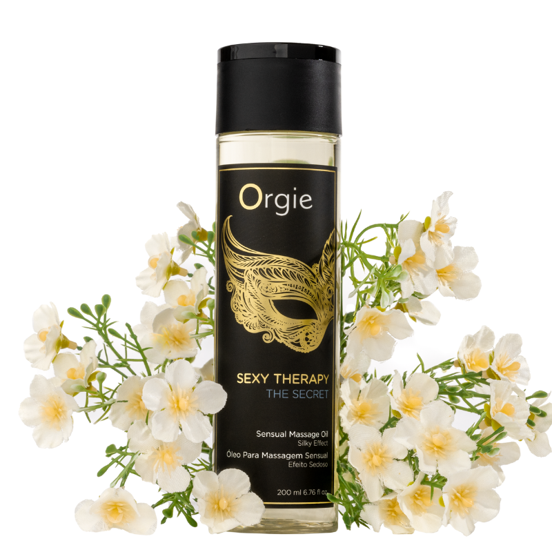 Orgie Sexy Therapy The Secret Massage Oil 200ml bottle with a sleek design, showcasing its luxurious contents for sensual massages.