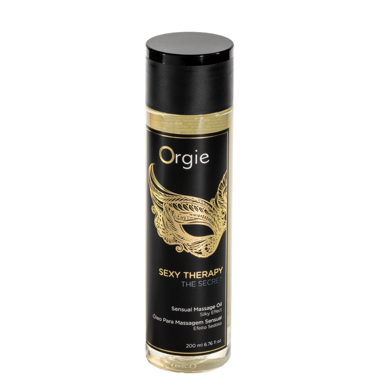 Orgie Sexy Therapy The Secret Massage Oil 200ml bottle with a sleek design, showcasing its luxurious contents for sensual massages.