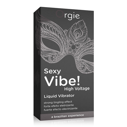 Orgie Sexy Vibe High Voltage Gel 15ml bottle with a sleek design, showcasing its stimulating properties for enhanced intimacy.