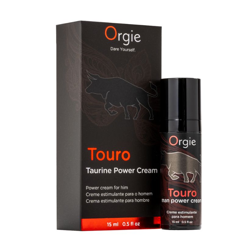 Orgie Touro Power Cream for Him 15ml, a sleek tube designed for male enhancement with a modern label.