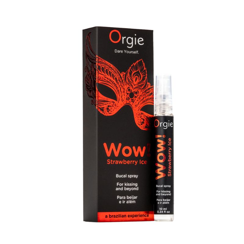 Orgie Wow! Strawberry Ice Bucal Spray 10ml bottle with a vibrant strawberry design, showcasing its refreshing flavor and stimulating properties.