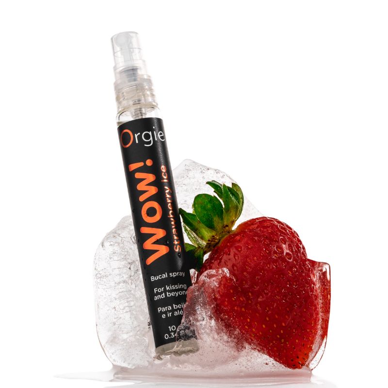 Orgie Wow! Strawberry Ice Bucal Spray 10ml bottle with a vibrant strawberry design, showcasing its refreshing flavor and stimulating properties.