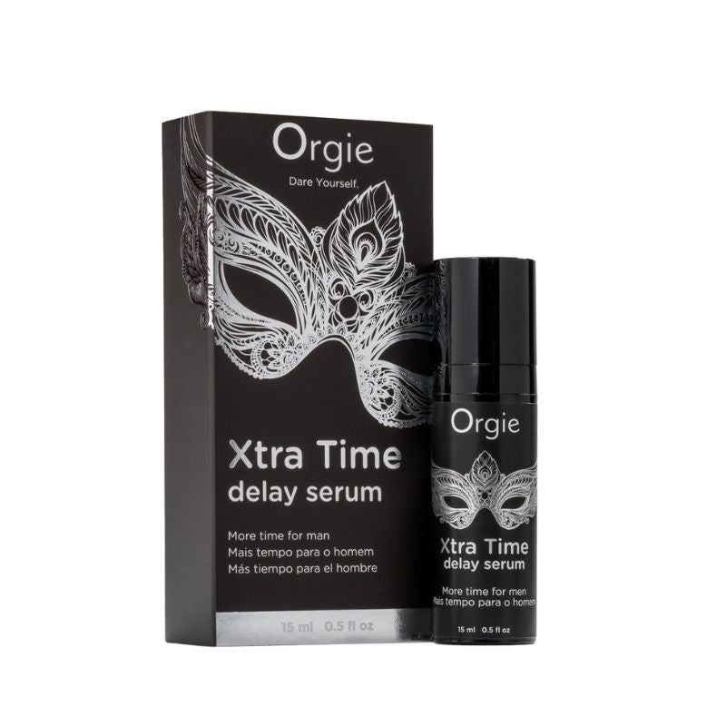 Orgie Xtra Time Delay Serum 15ml bottle with a sleek design, showcasing its high-grade silicone formulation for enhanced intimate experiences.