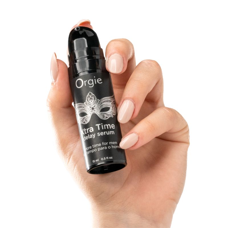 Orgie Xtra Time Delay Serum 15ml bottle with a sleek design, showcasing its high-grade silicone formulation for enhanced intimate experiences.