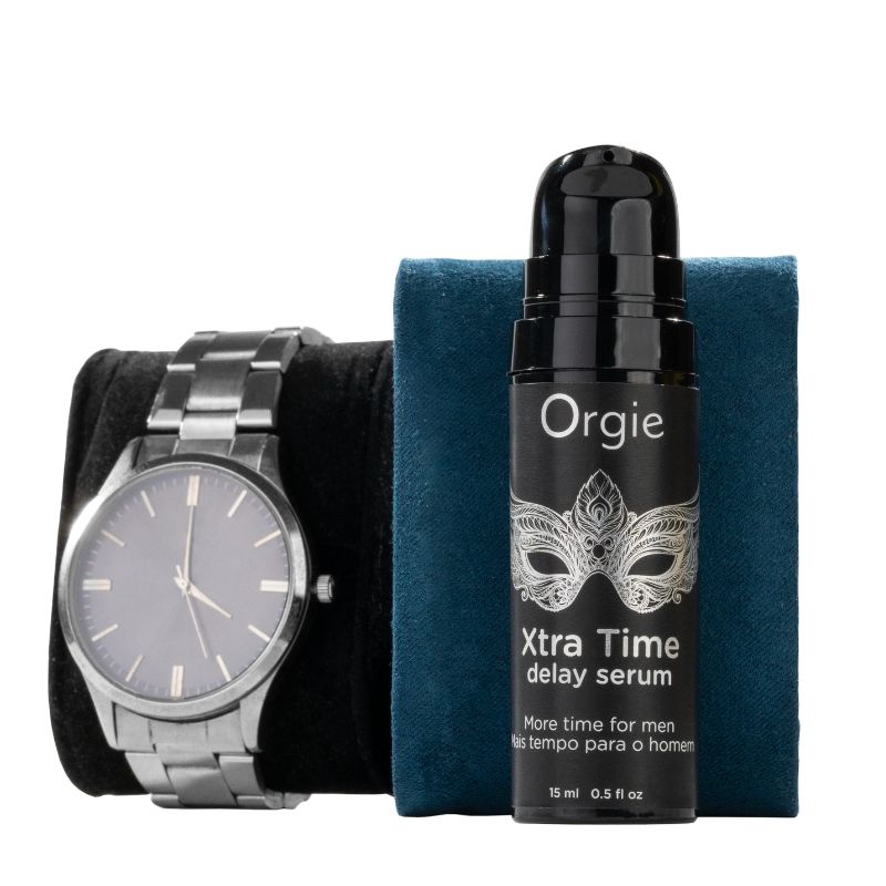 Orgie Xtra Time Delay Serum 15ml bottle with a sleek design, showcasing its high-grade silicone formulation for enhanced intimate experiences.