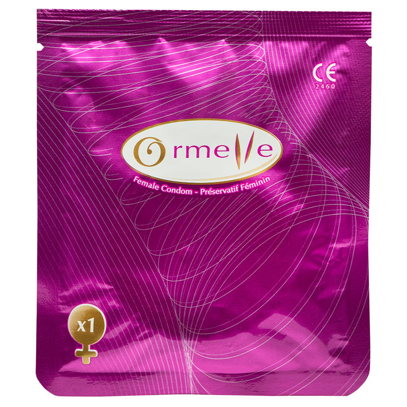 Ormelle Female Condoms displayed in a clear packaging, showcasing their premium quality and natural rubber latex material.