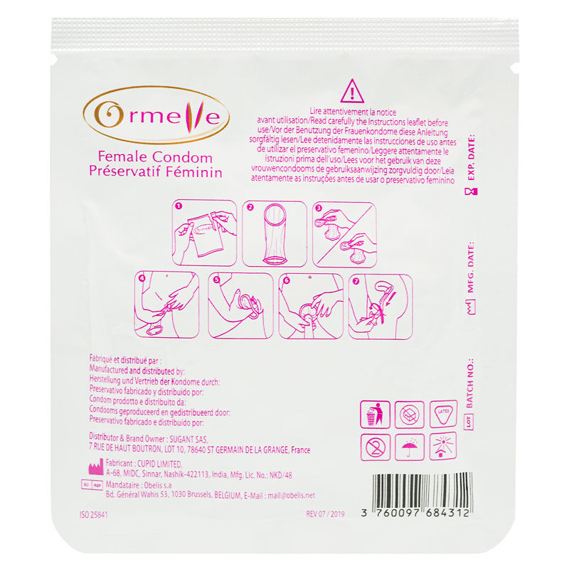 Ormelle Female Condoms displayed in a clear packaging, showcasing their premium quality and natural rubber latex material.