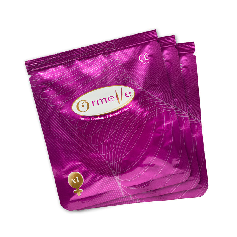 Ormelle Female Condoms displayed in a clear packaging, showcasing their premium quality and natural rubber latex material.