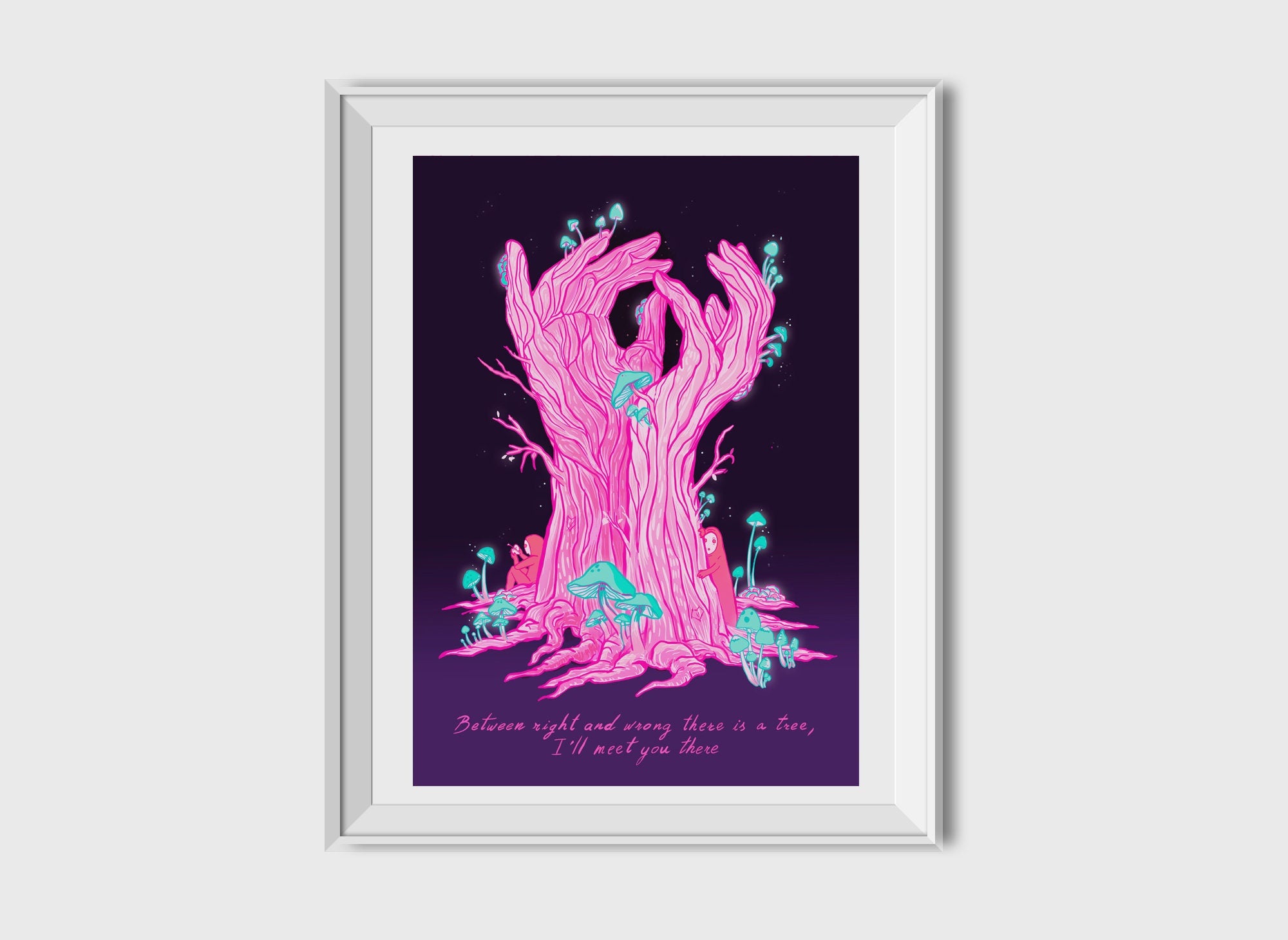 A beautiful gicleé fine art print titled 'Our Tree', featuring a serene tree design inspired by a Rumi quote, with a white margin and handwritten details.