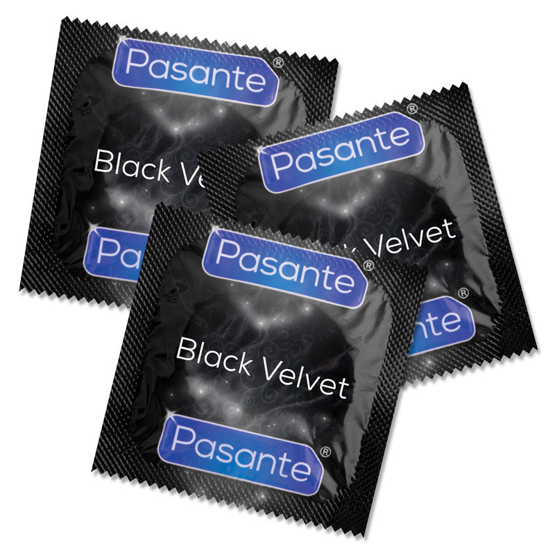 Pasante Black Velvet condoms in a sleek black packaging, showcasing their elegant design and high-quality natural rubber latex material.