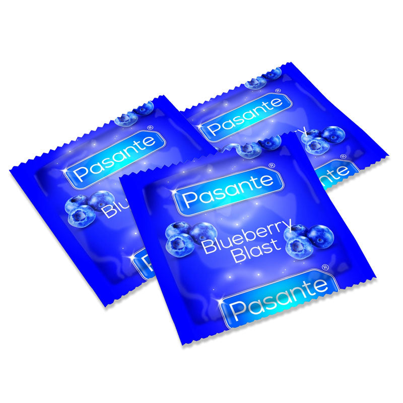 Pasante Blueberry Blast condoms in blue packaging, featuring a blueberry flavor and natural rubber latex material.