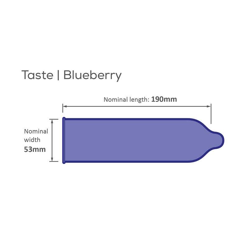 Pasante Blueberry Blast condoms in blue packaging, featuring a blueberry flavor and natural rubber latex material.