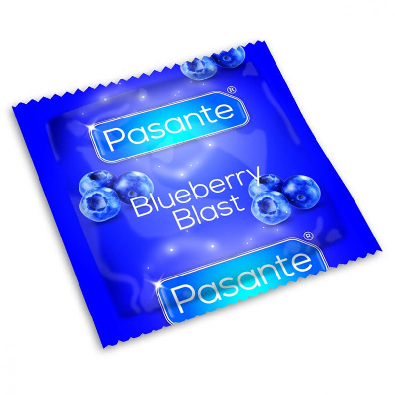 Pasante Blueberry Blast condoms in blue packaging, featuring a blueberry flavor and natural rubber latex material.