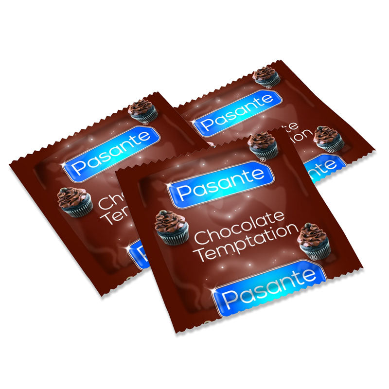 Pasante Chocolate Temptation condoms in packaging, featuring a brown color and chocolate flavor, designed for enhanced pleasure.