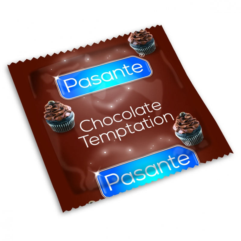 Pasante Chocolate Temptation condoms in packaging, featuring a brown color and chocolate flavor, designed for enhanced pleasure.