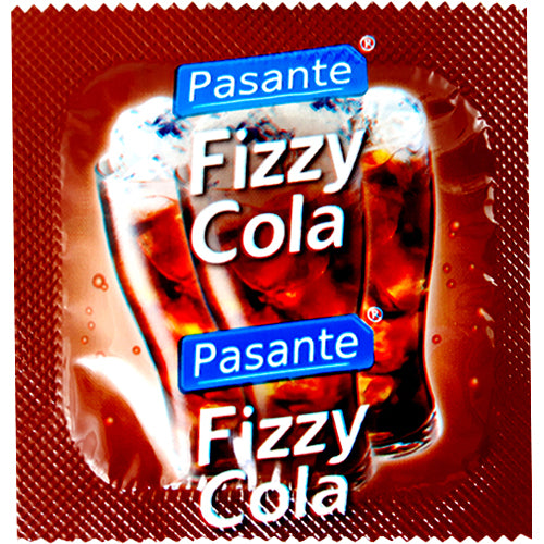 Pasante Cola condoms in packaging, featuring a fizzy cola flavor and natural rubber latex material.