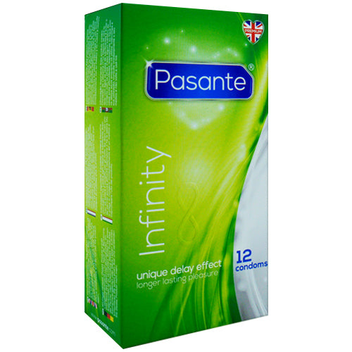 Pasante Delay Infinity Box 12 featuring natural rubber latex condoms designed for longer-lasting pleasure with delay effect lubricant.