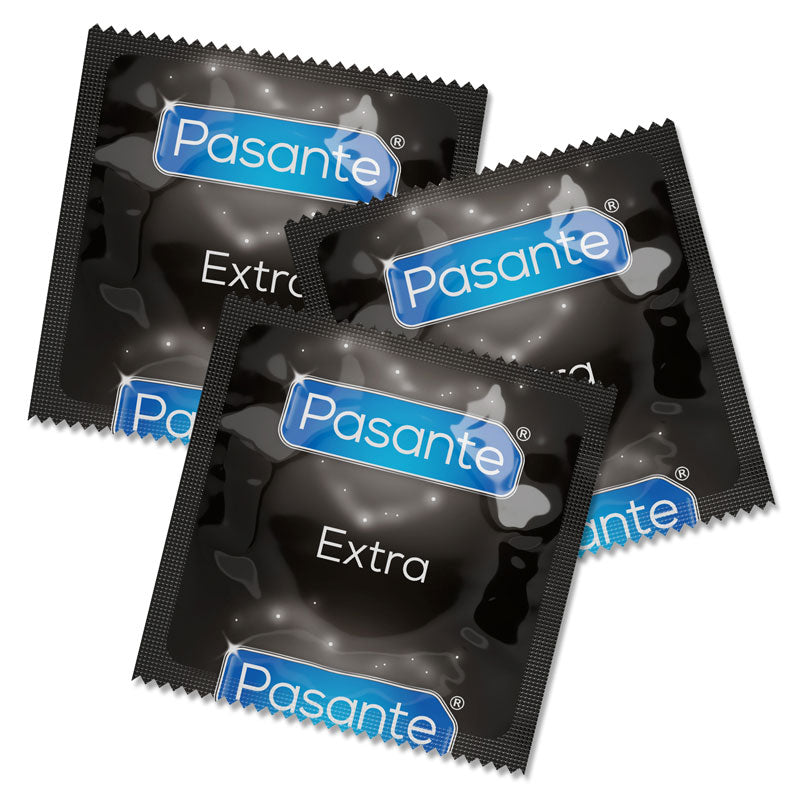 Pasante Extra Safe condoms in a transparent packaging, showcasing their extra-thick latex design and smooth texture.