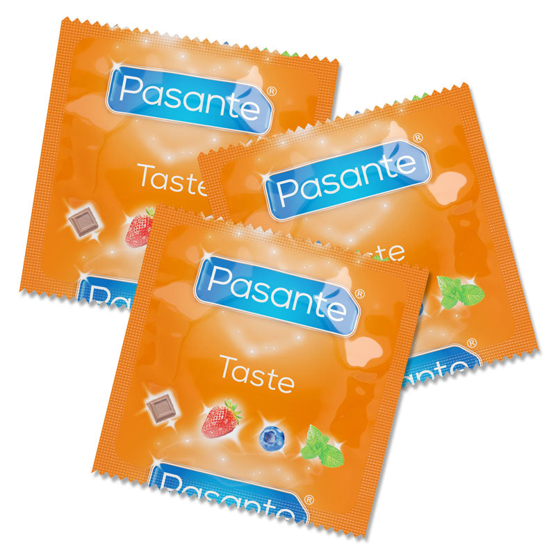 A pack of Pasante Flavours condoms featuring assorted flavors like Chocolate, Strawberry, Blueberry, and Mint, designed for fun and safety.