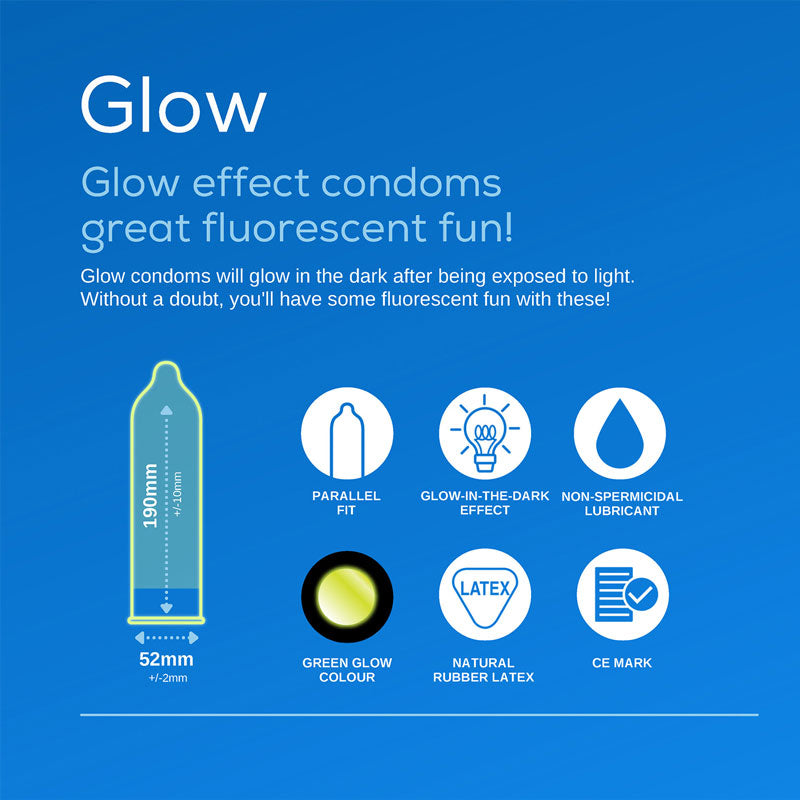 Pasante Glow condoms in packaging, featuring a glow-in-the-dark design and natural rubber latex material.