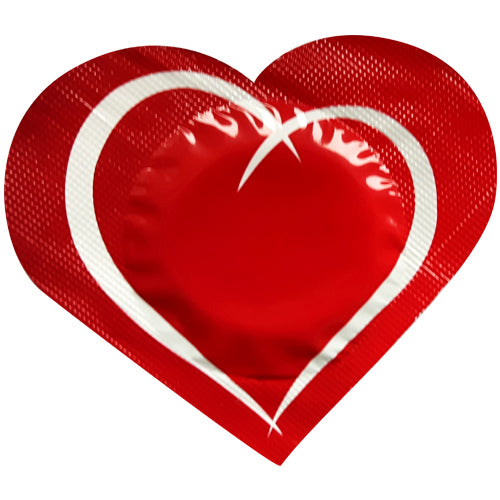 Pasante Heart condoms in a heart-shaped wrapper, vibrant red color, designed for romantic occasions.