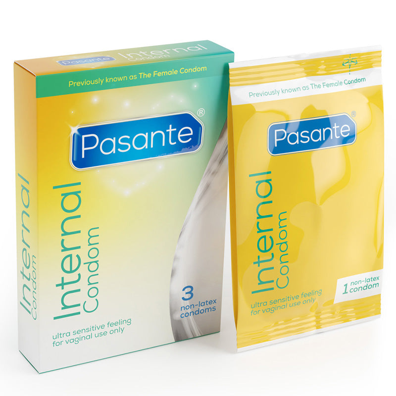 Pasante Internal Box 3 containing three non-latex female condoms, designed for comfort and sensitivity.