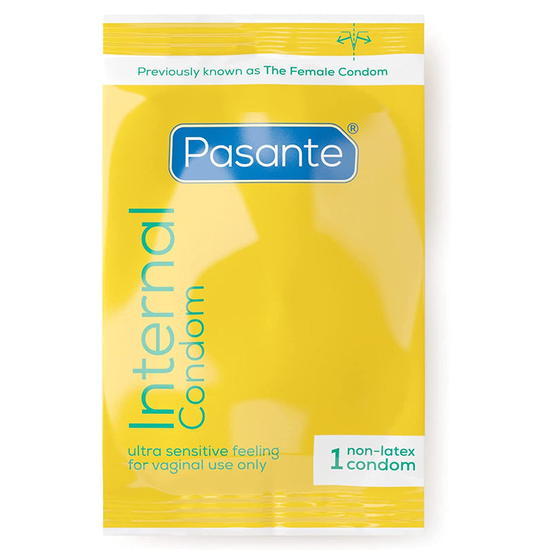 Pasante Internal Box 3 containing three non-latex female condoms, designed for comfort and sensitivity.