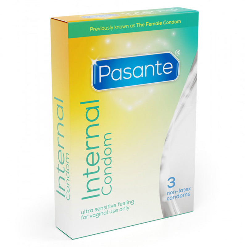 Pasante Internal Box 3 containing three non-latex female condoms, designed for comfort and sensitivity.