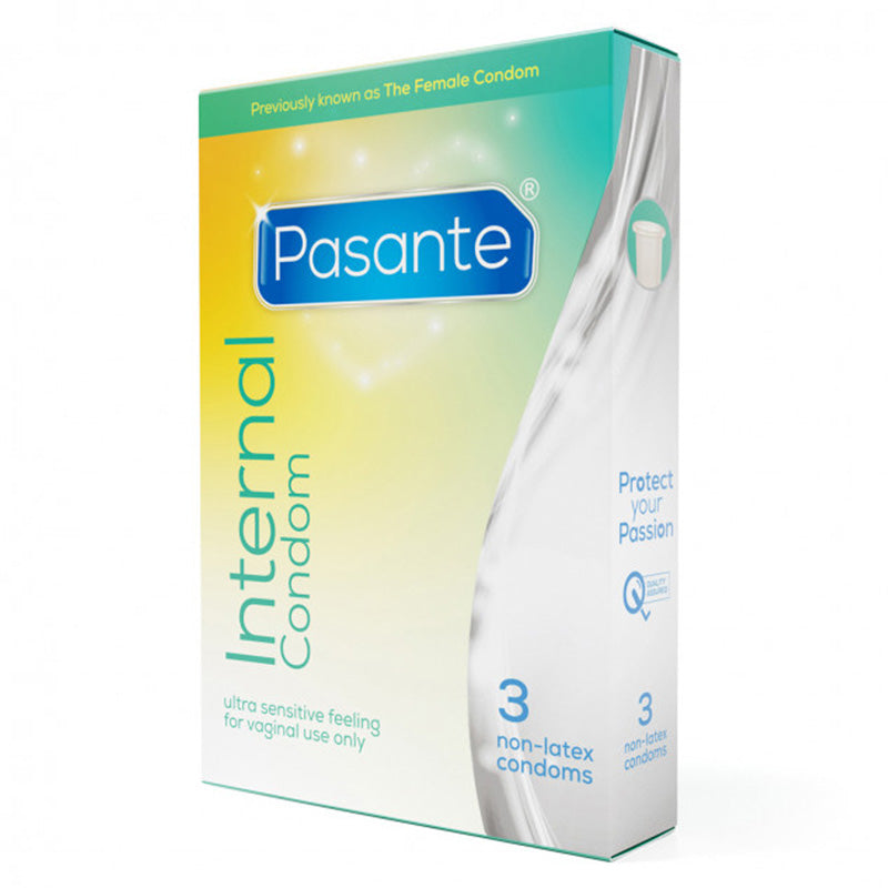 Pasante Internal Box 3 containing three non-latex female condoms, designed for comfort and sensitivity.